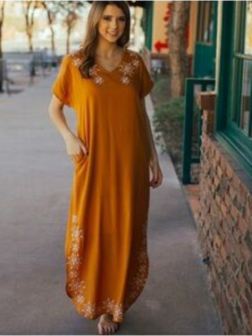 ANDREE BY UNIT Gold Maxi Dress with White Floral Embroidery Back Detail Sz Md